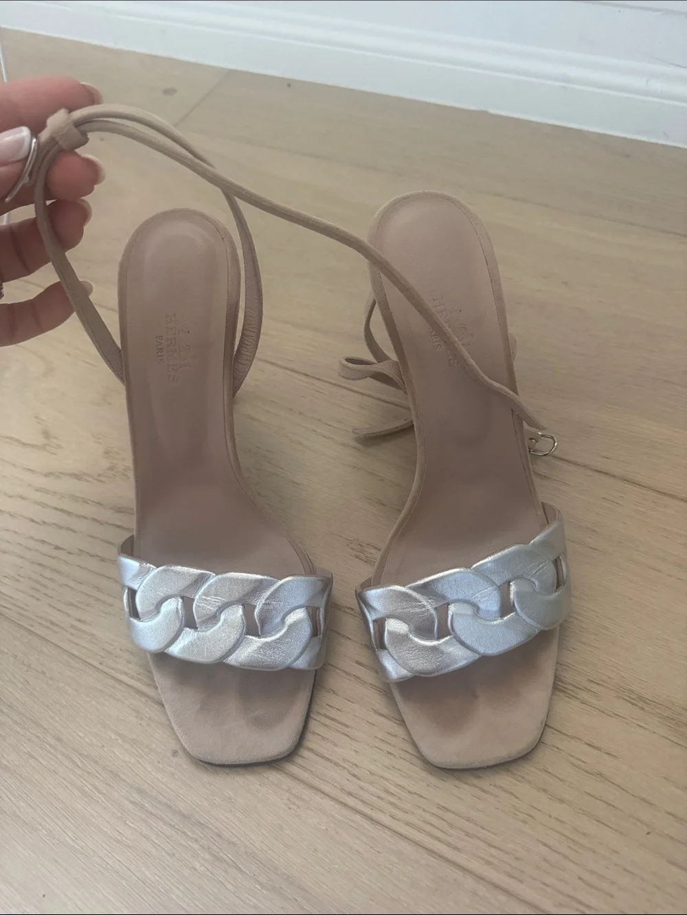 Hermes Silver Chain-Front Ankle-Tie Sandal